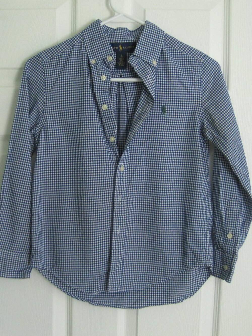 Ralph Lauren Boys Blue White Plaid Oxford Button Down Cotton Dress Shirt Sz S/8